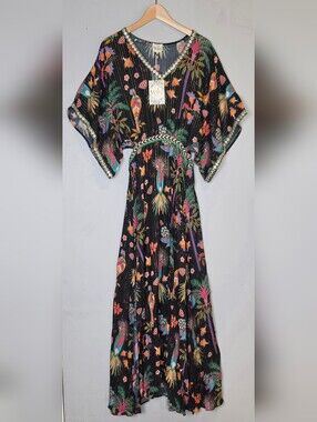 Wild Paris Mandrel Maxi Dress Womens Small Black Tropical Print Cutout NWT